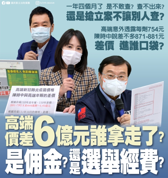 國民黨團:「高端差價6億元誰拿走？ 是佣金？還是選舉經費？」