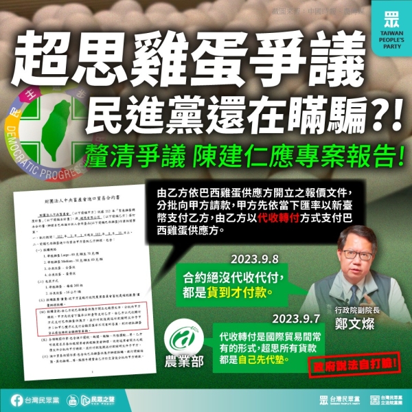 民眾黨：「超思雞蛋爭議 民進黨還在瞞騙?」