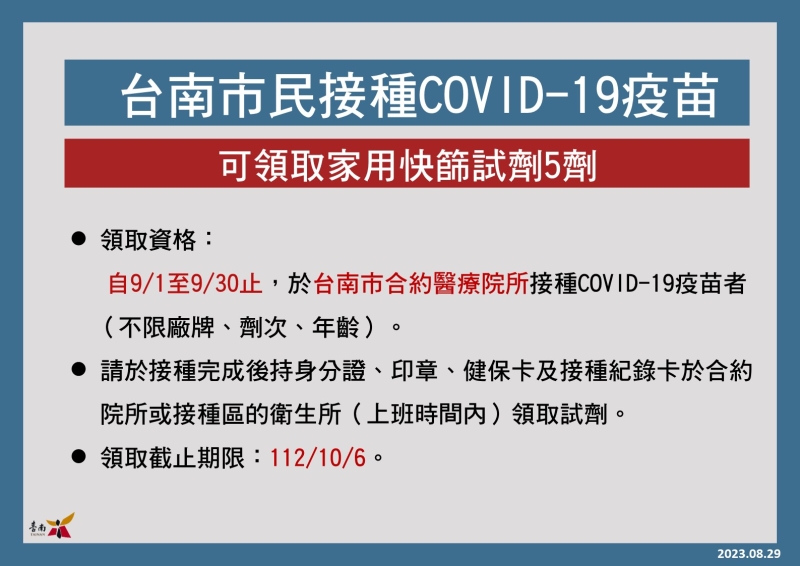 台南市延長COVID-19疫苗接種獎勵措施，鼓勵未接種莫德納次世代雙價（BA.4/5）疫苗的民眾踴躍預約接種