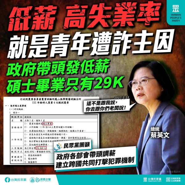 民眾黨 :開給碩士29K薪水、放生國人受困柬埔寨，就是蔡政府所謂「照顧勞工」的態度？