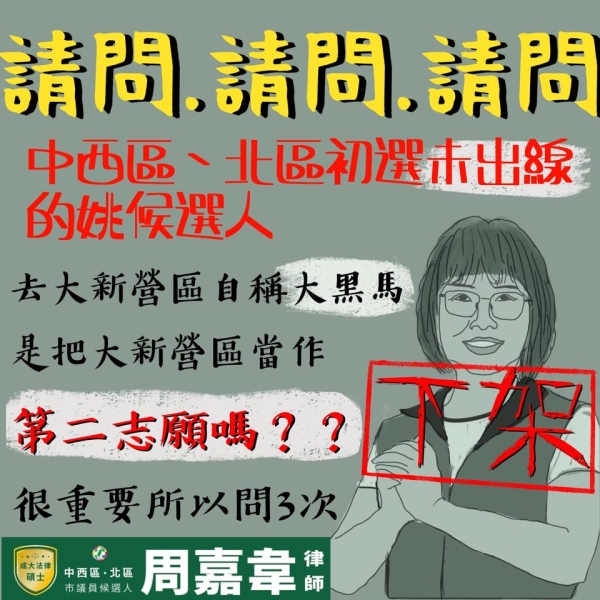 周嘉韋:唾棄負面選舉台南人一起下架惡質選風
