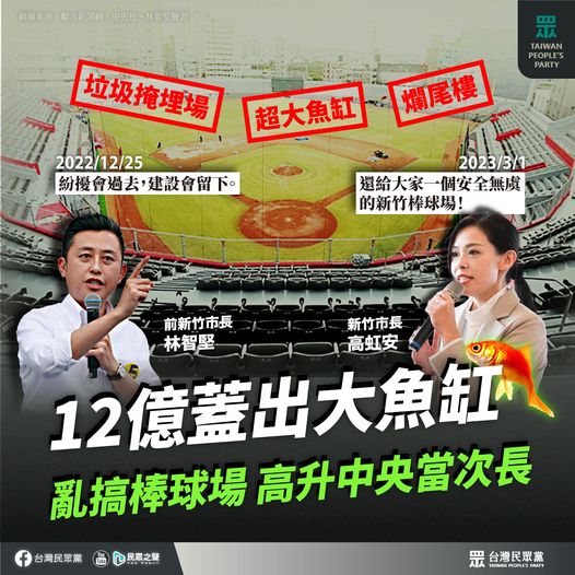 台灣民眾黨：12億蓋出超大魚缸 亂搞棒球場 高升中央當次長