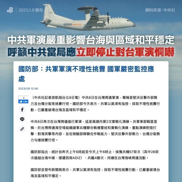 民主進步黨:呼籲中共當局應立即停止對台軍演恫嚇